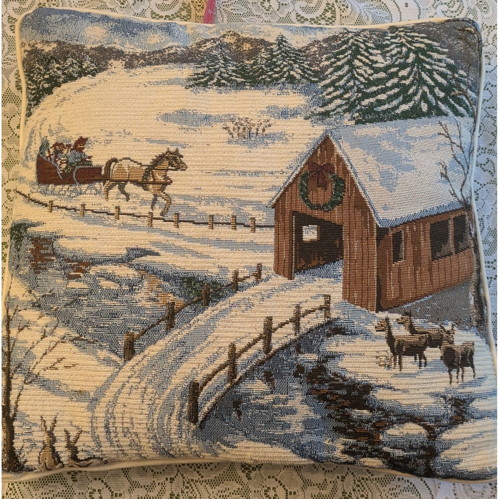 Horse Drawn Sleigh On Snow Covered Bridge, Nicky Boehme, Tapestry Pillow New
